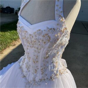 David's Bridal White and Gold Embellished Dress